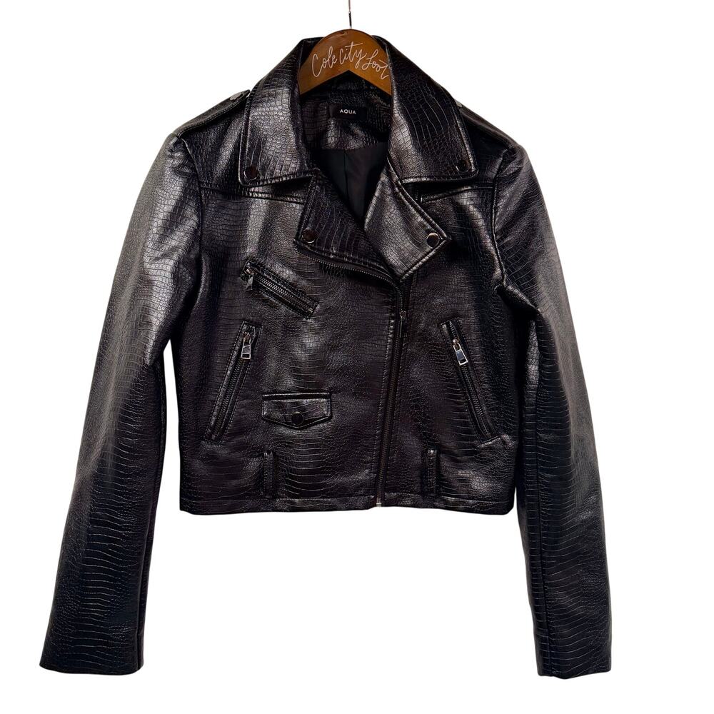 Aqua Motorcyke Jacket Textured Small Black Fitted Faux Leather